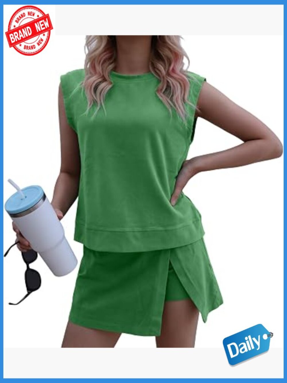2 Piece Washed Cotton Tank Top Skort Set Casual Summer Tracksuit Built-in Shorts